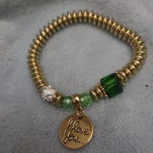Gold and Green Beaded Bracelet with 'I Love You' Charm NWOT